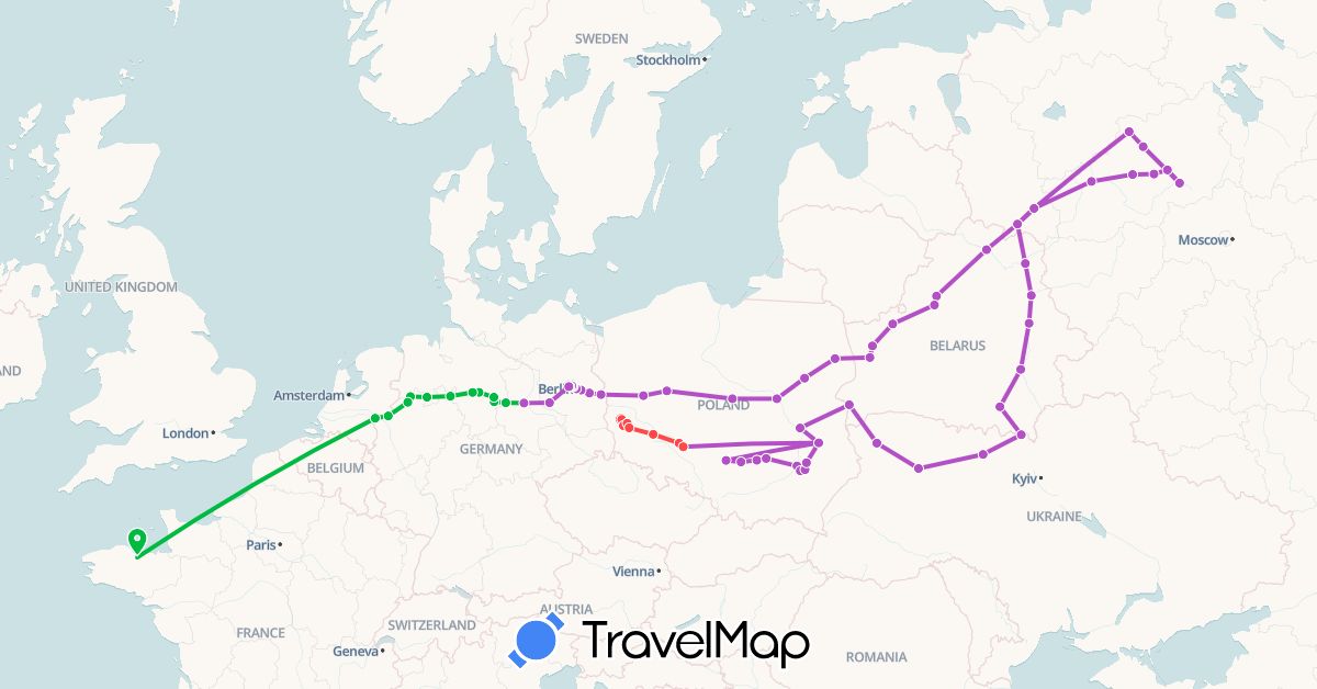 TravelMap itinerary: bus, train, hiking in Belarus, Germany, France, Poland, Russia, Ukraine (Europe)